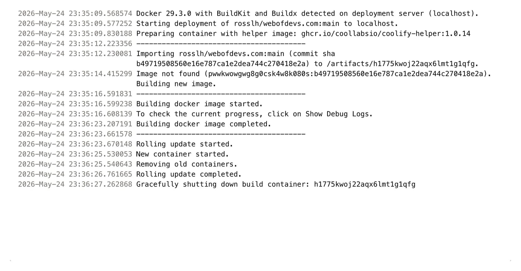 Close-up of deployment log output showing timestamped build steps, Docker image building, and container rolling update