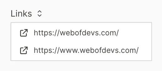 Close-up of the open Links dropdown showing two live application URLs