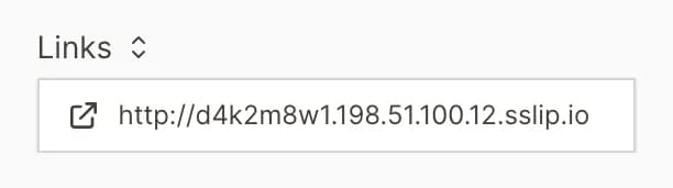 Close-up of the open Links dropdown showing a temporary sslip.io URL before custom domain setup