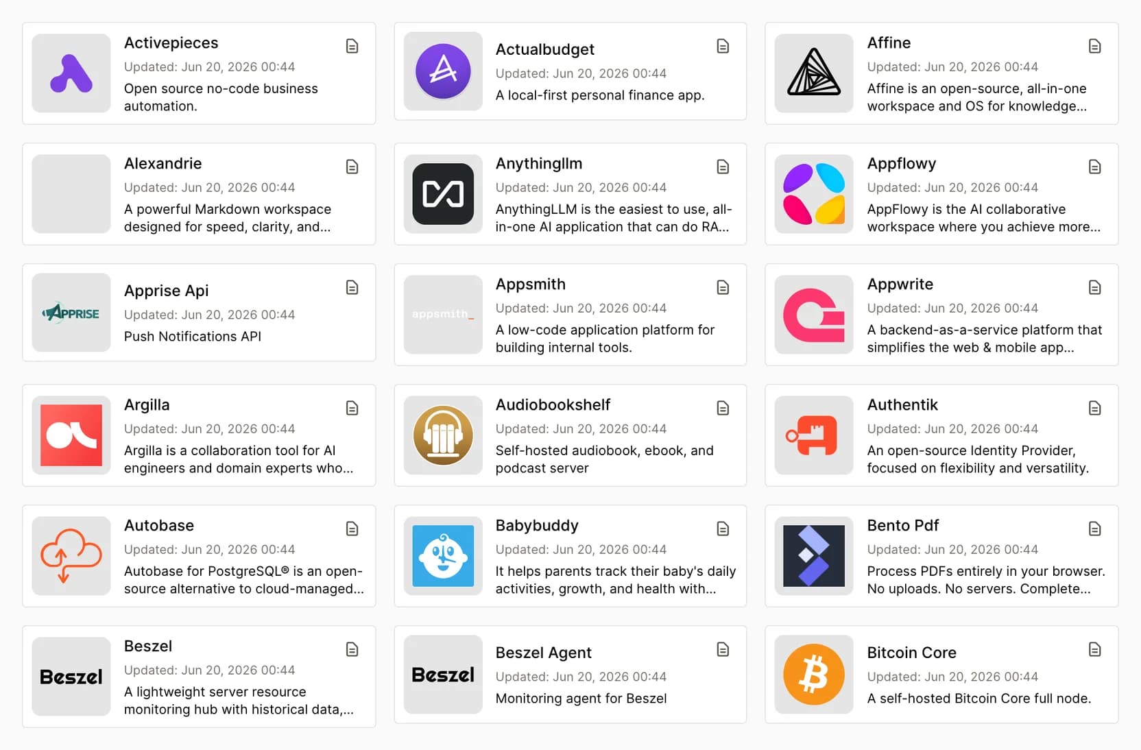 Close-up of the one-click services grid showing WordPress, Supabase, Grafana, N8N, and other popular services