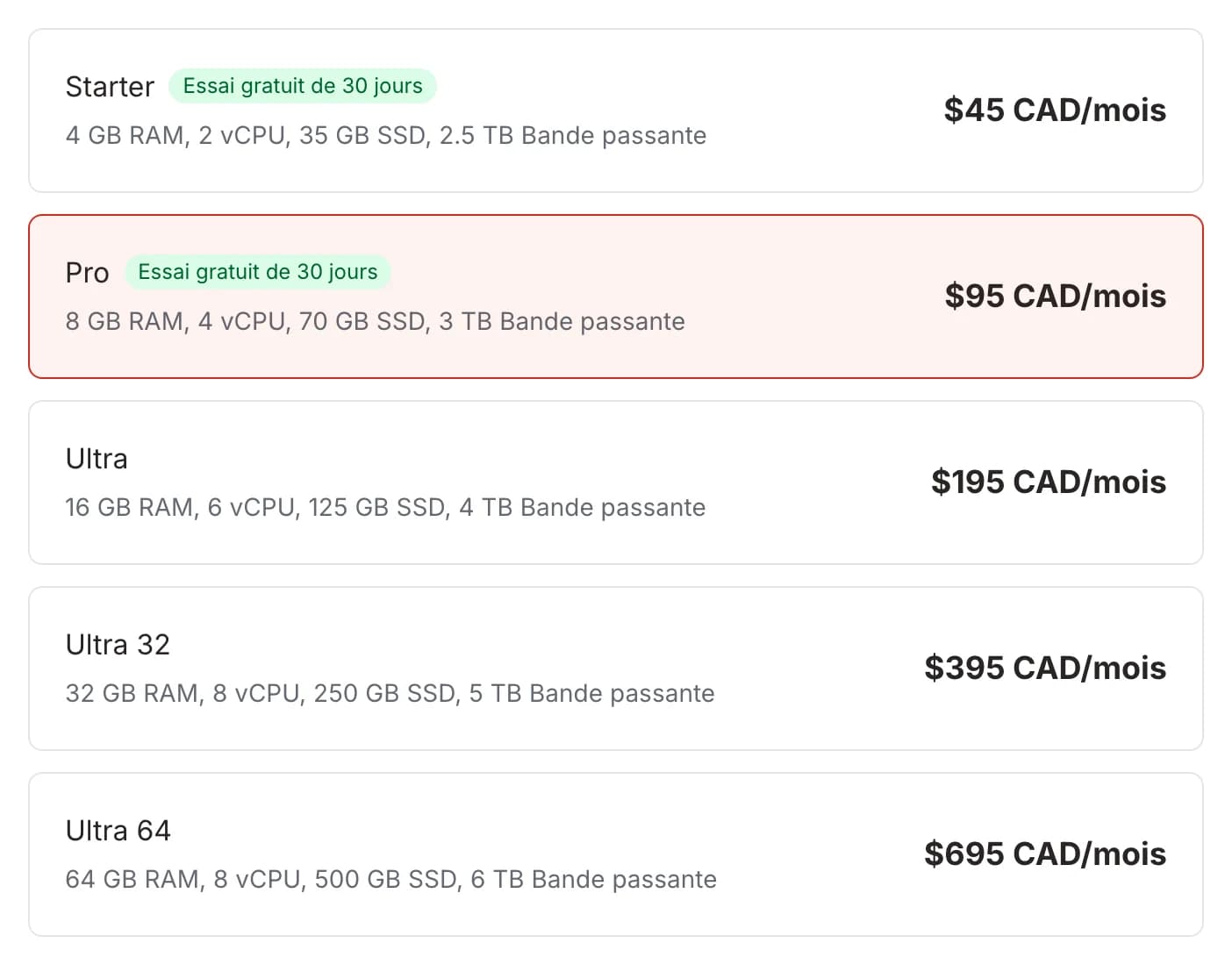 Cartes de sélection de forfait avec les specs et prix de 45 $ à 695 $ CAD/mois, forfait Pro sélectionné