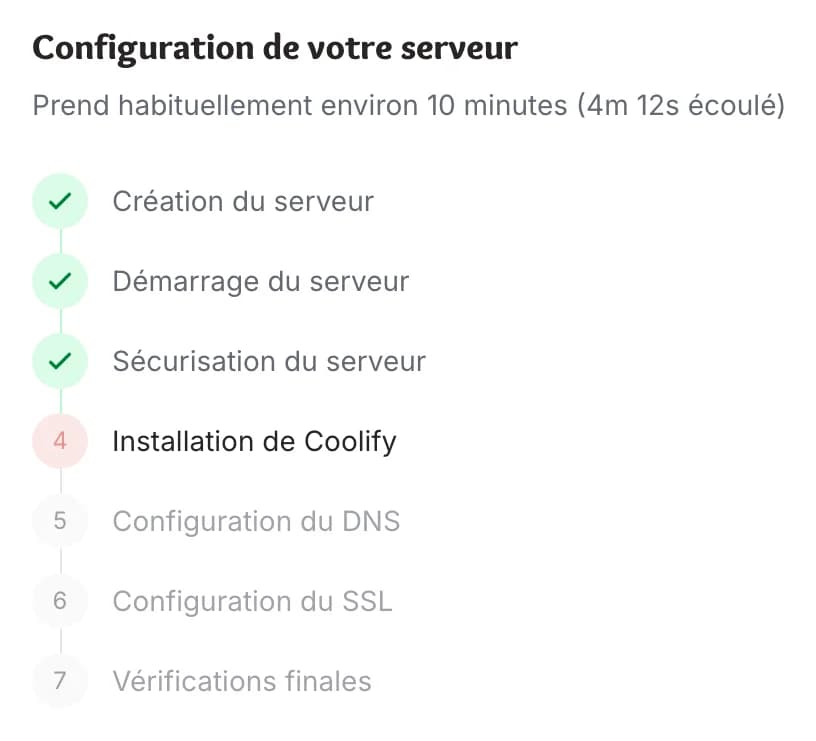 Gros plan sur la liste de provisionnement montrant les étapes terminées et en attente