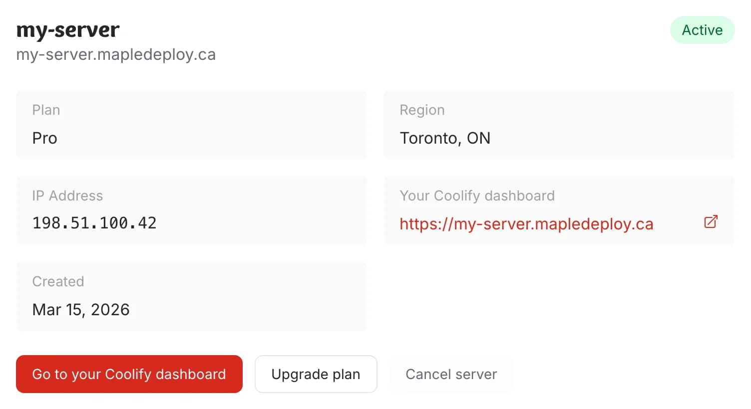 Close-up of server details showing Pro plan, Toronto region, IP address, and Coolify dashboard link