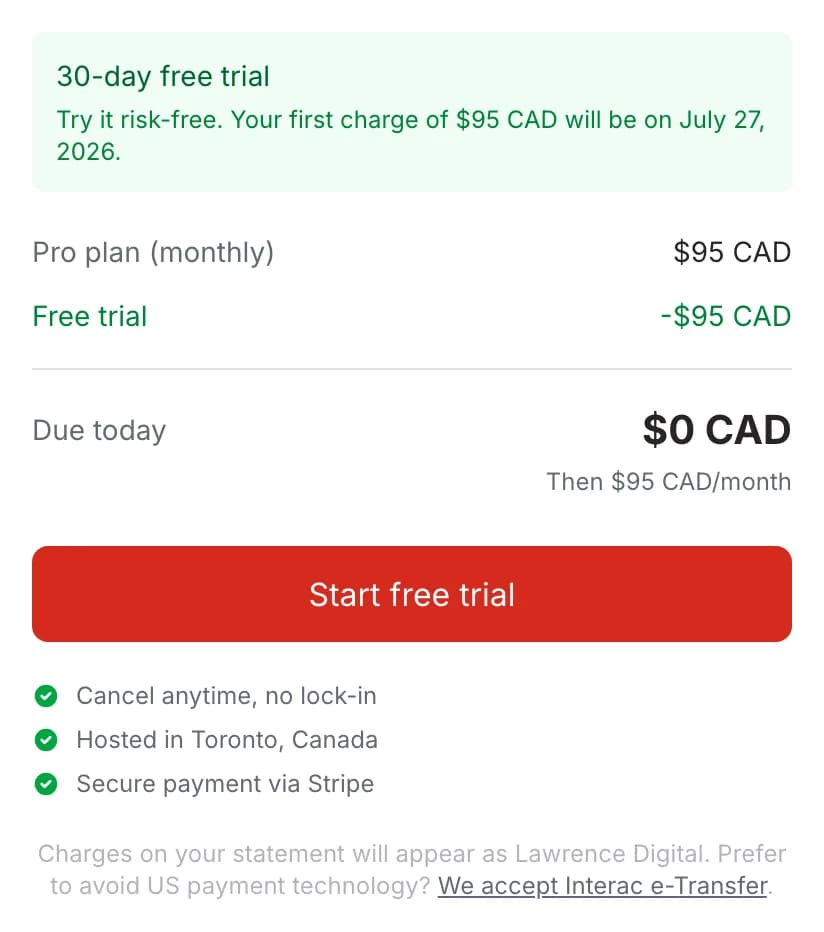 Trial checkout summary showing $0 due today with the first $95 CAD charge in 30 days