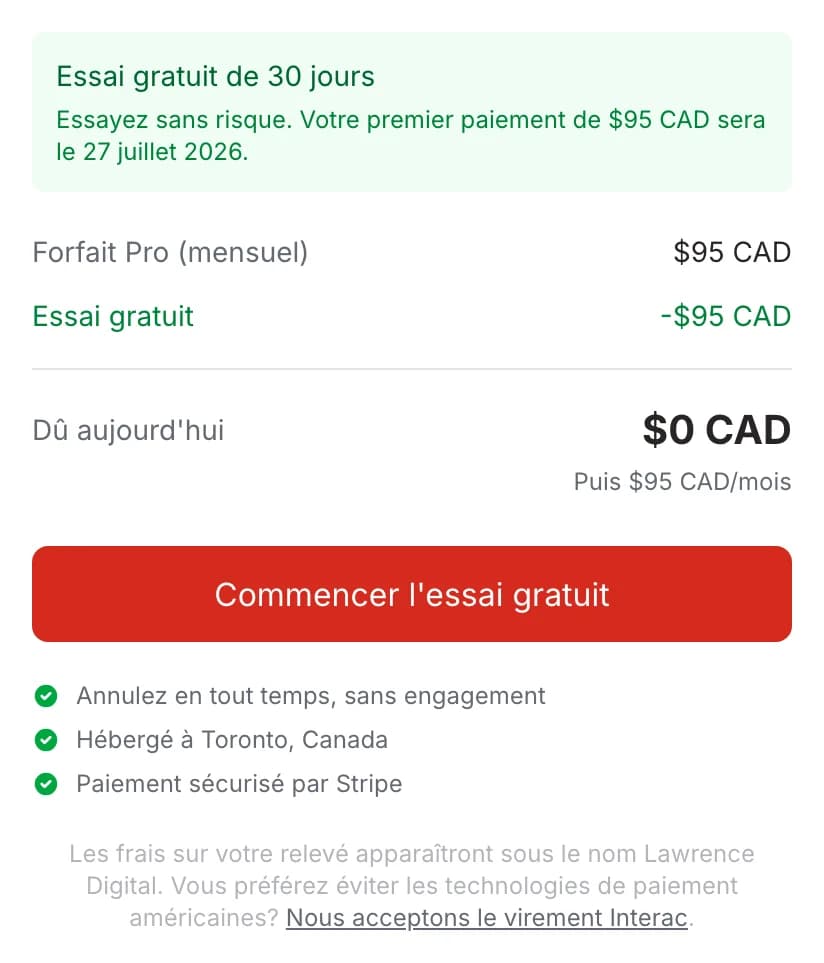 Résumé du paiement d'essai montrant 0 $ dû aujourd'hui, première charge de 95 $ CAD dans 30 jours